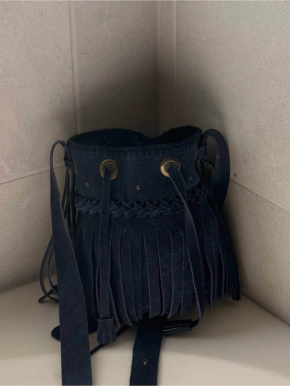 Fringed Suede Bucket Crossbody Bag - Black